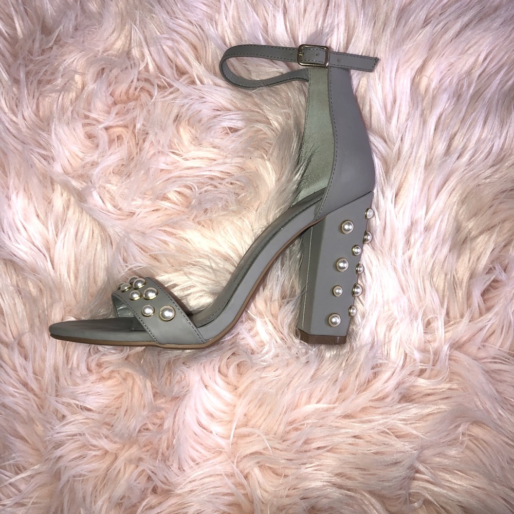 Gray Ankle Strap Heels with Pearls